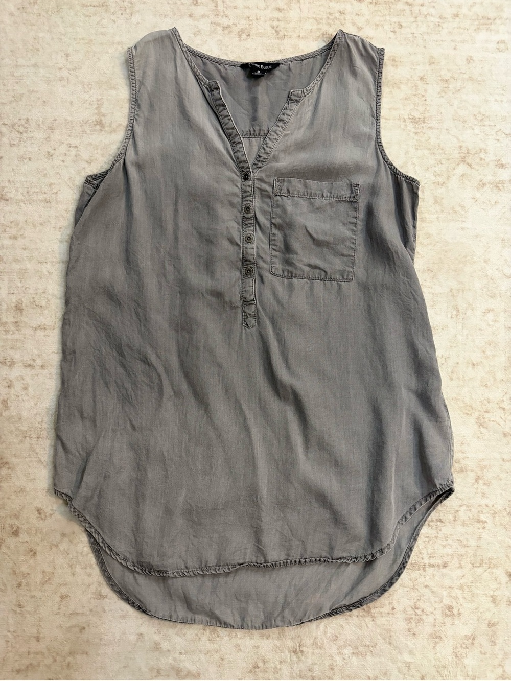 TERRE BLEUE M  sleeveless chambray tunic w/ front pocket in mineral wash charcoa